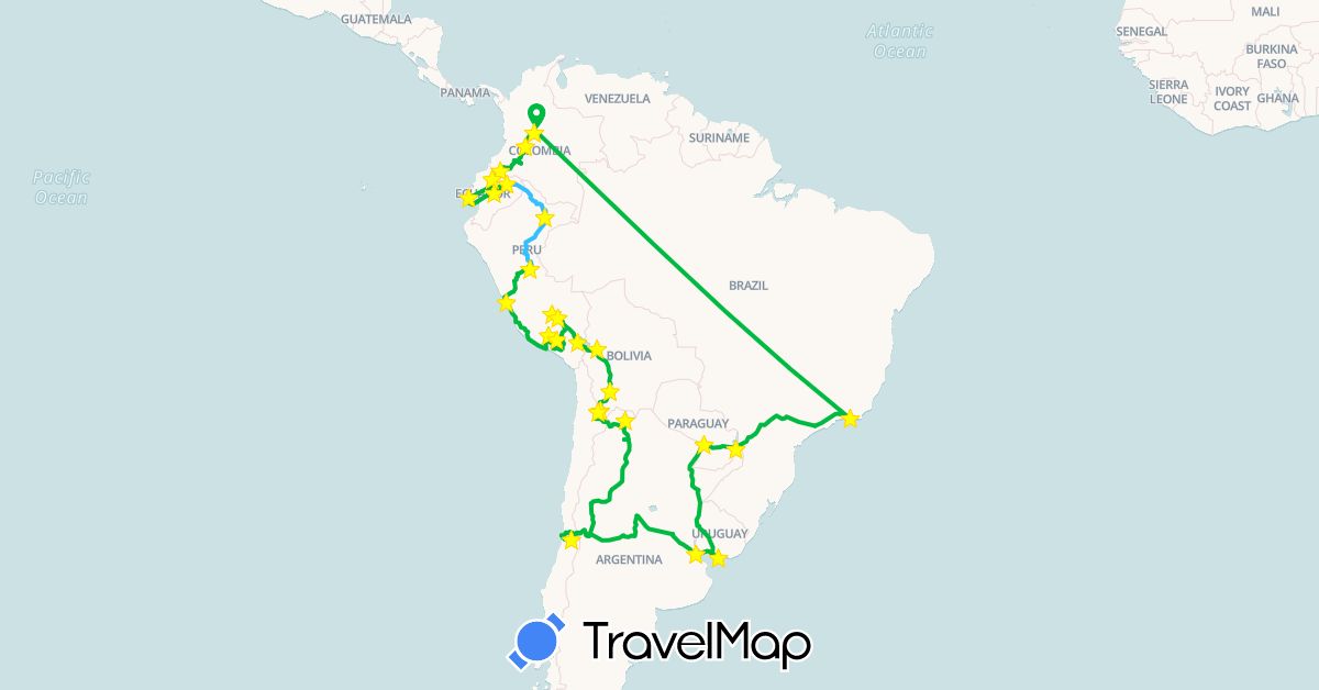 TravelMap itinerary: driving, bus, hiking, boat in Argentina, Bolivia, Brazil, Chile, Colombia, Ecuador, Peru, Paraguay, Uruguay (South America)