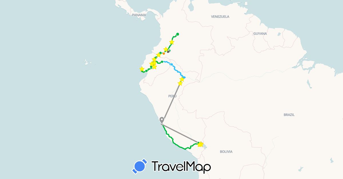 TravelMap itinerary: driving, bus, plane, boat, hitchhiking, motorbike in Colombia, Ecuador, Peru (South America)